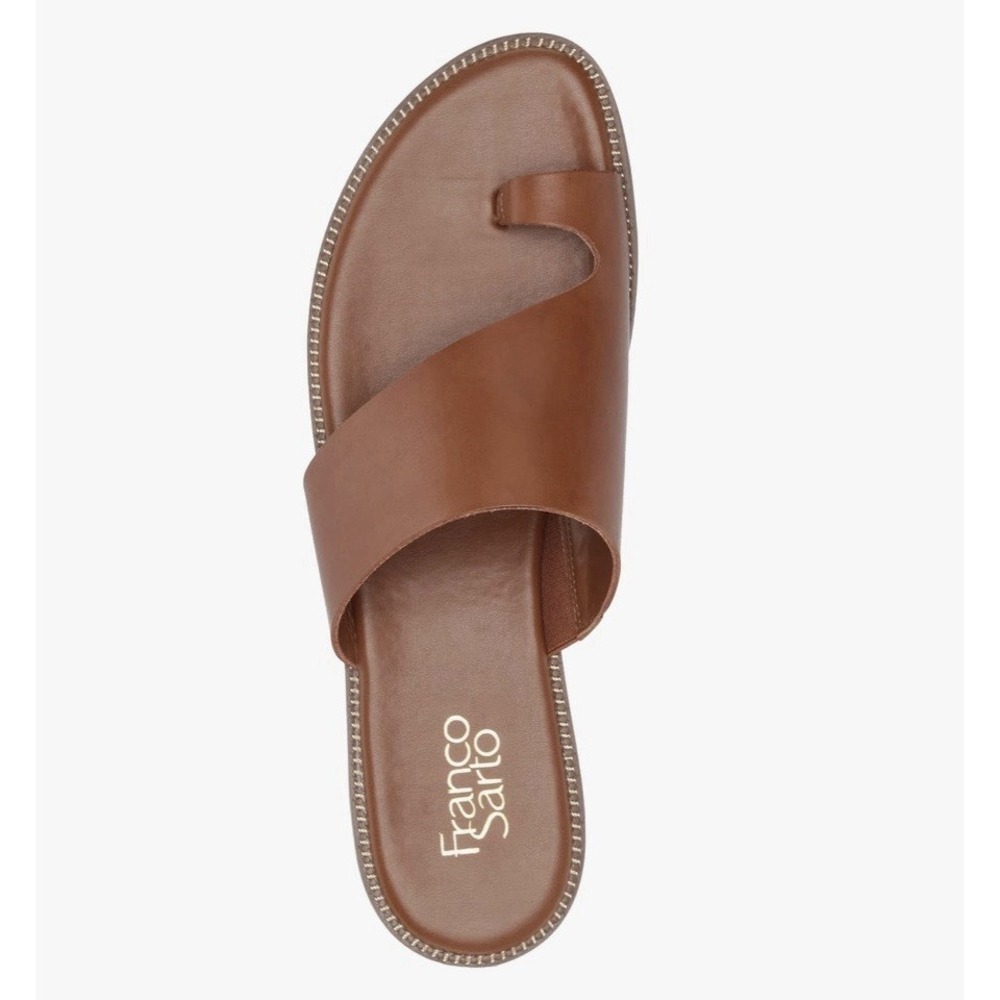 Franco Sarto Gem Brown Leather Slide Sandals Gold Chain Detail Women 7.5